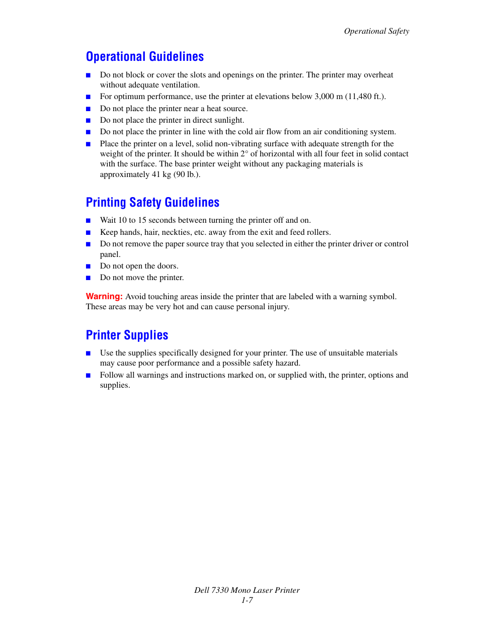 Operational guidelines, Printing safety guidelines, Printer supplies | Dell 7330dn Mono Laser Printer User Manual | Page 15 / 229