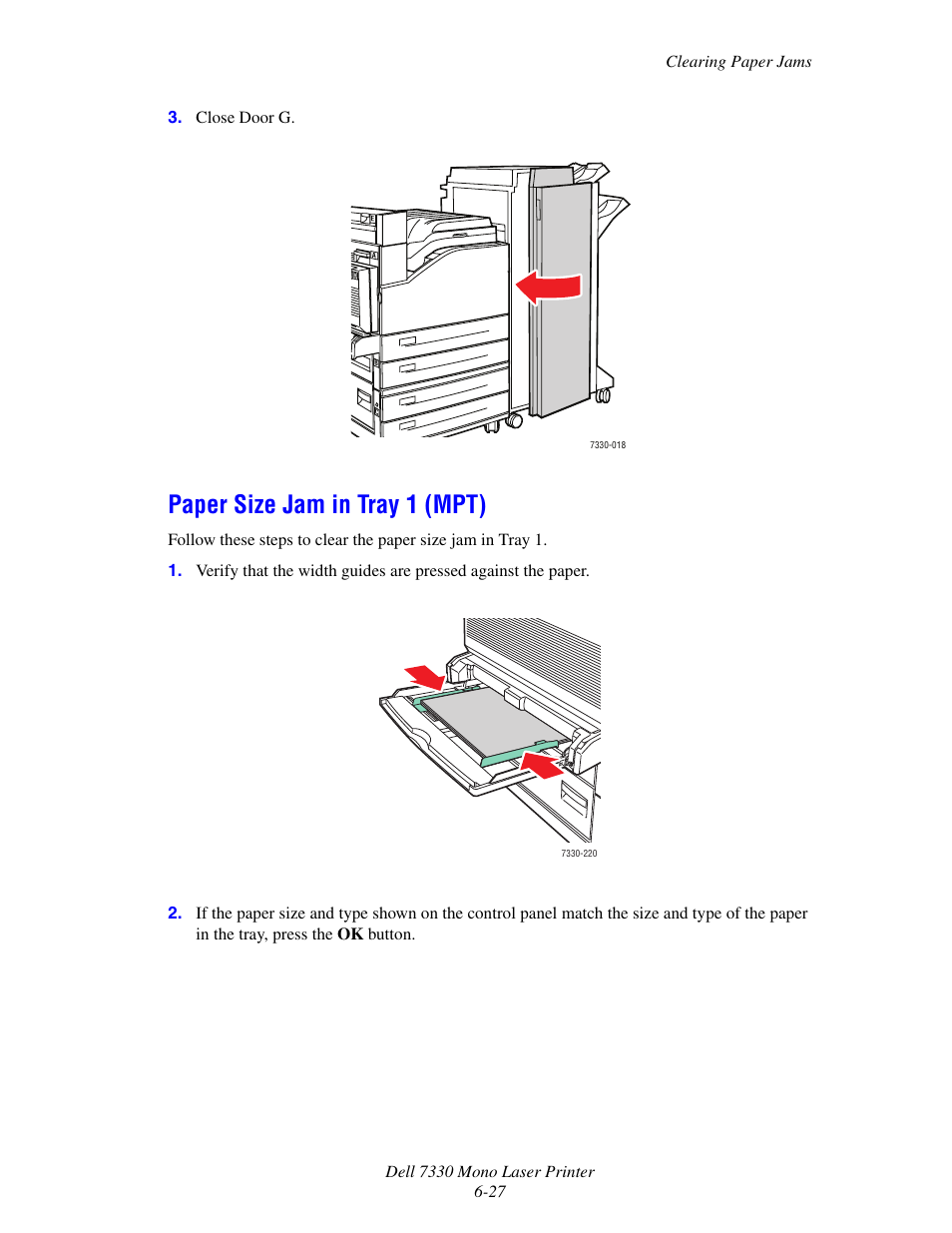 Paper size jam in tray 1 (mpt), Paper size jam in tray 1 (mpt) -27 | Dell 7330dn Mono Laser Printer User Manual | Page 169 / 229