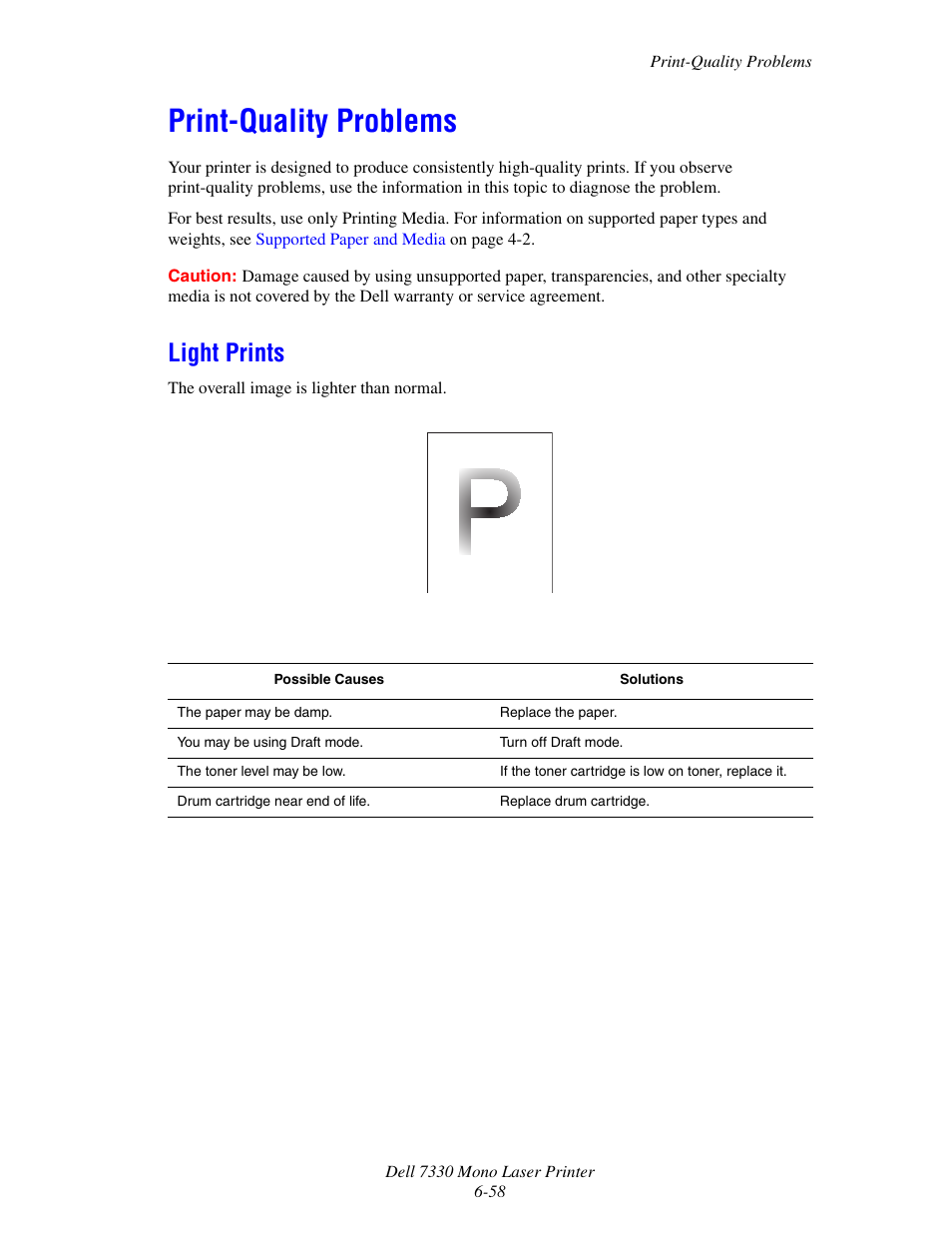 Print-quality problems, Light prints, Print-quality problems -58 | Light prints -58 | Dell 7330dn Mono Laser Printer User Manual | Page 200 / 229