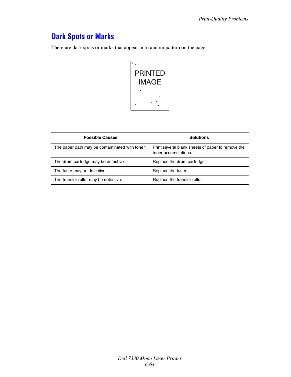 Dark spots or marks, Dark spots or marks -64 | Dell 7330dn Mono Laser Printer User Manual | Page 206 / 229