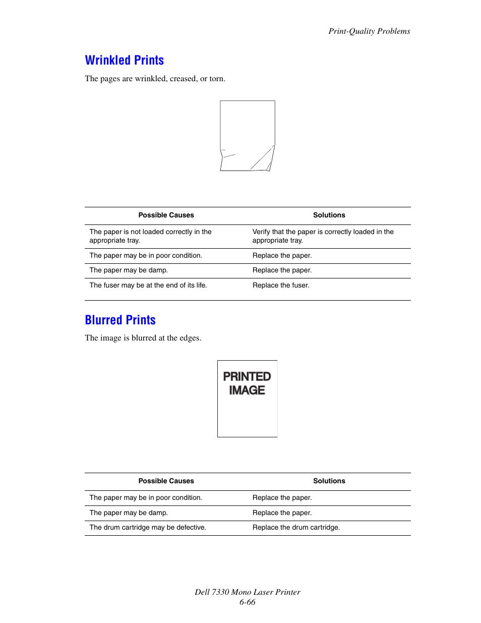 Wrinkled prints, Blurred prints, Wrinkled prints -66 blurred prints -66 | Dell 7330dn Mono Laser Printer User Manual | Page 208 / 229