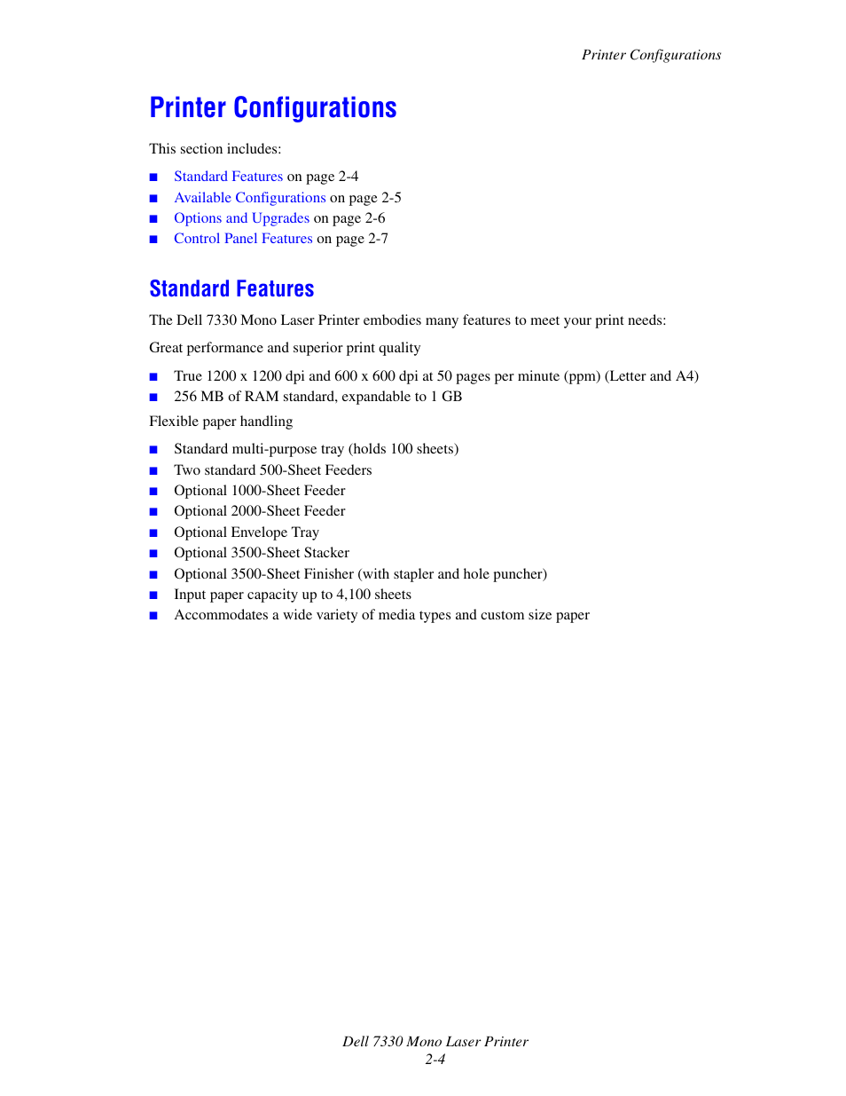 Printer configurations, Standard features, Printer configurations -4 | Standard features -4 | Dell 7330dn Mono Laser Printer User Manual | Page 21 / 229