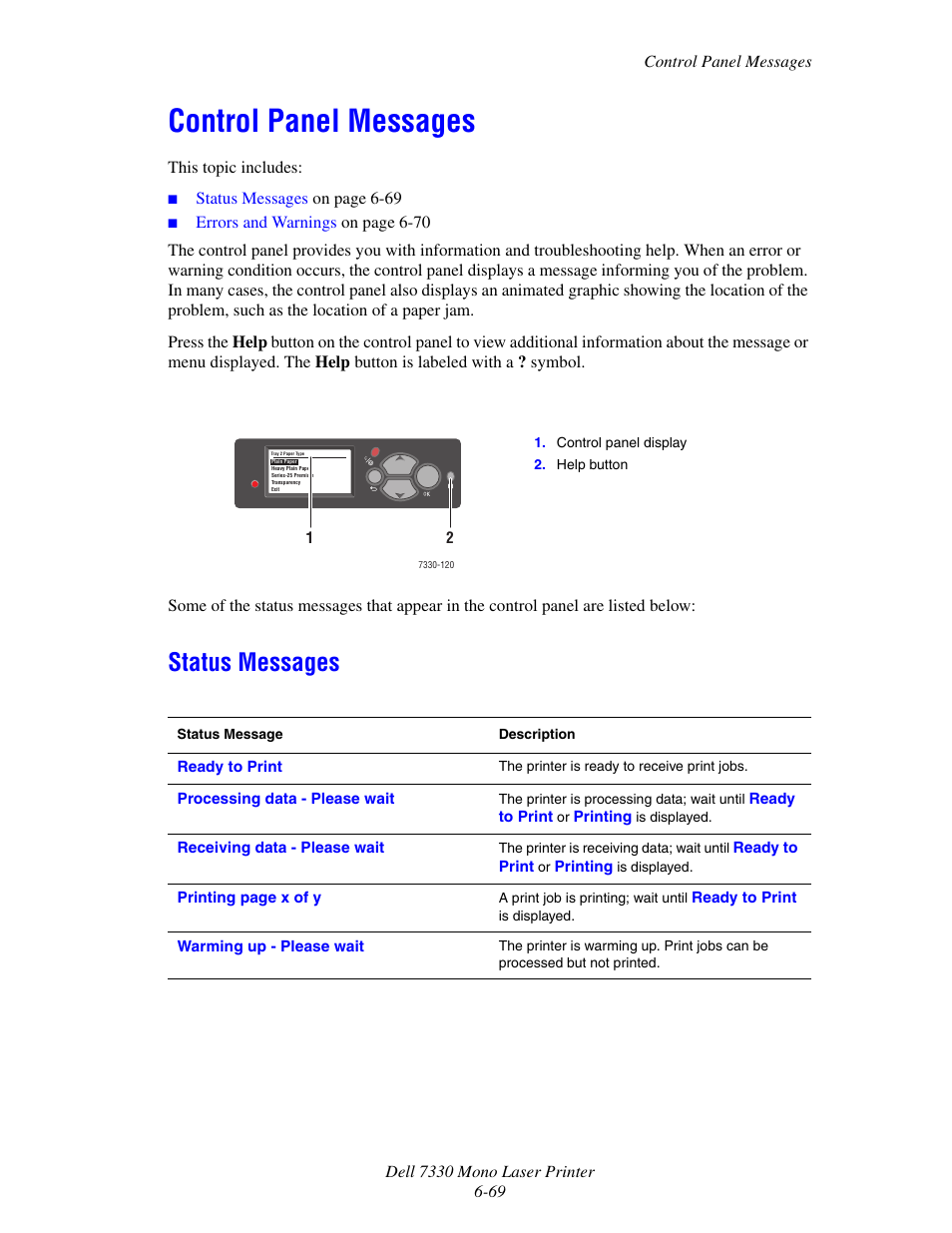 Control panel messages, Status messages, Control panel messages -69 | Status messages -69 | Dell 7330dn Mono Laser Printer User Manual | Page 211 / 229