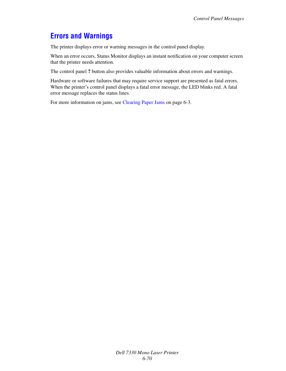 Errors and warnings, Errors and warnings -70 | Dell 7330dn Mono Laser Printer User Manual | Page 212 / 229
