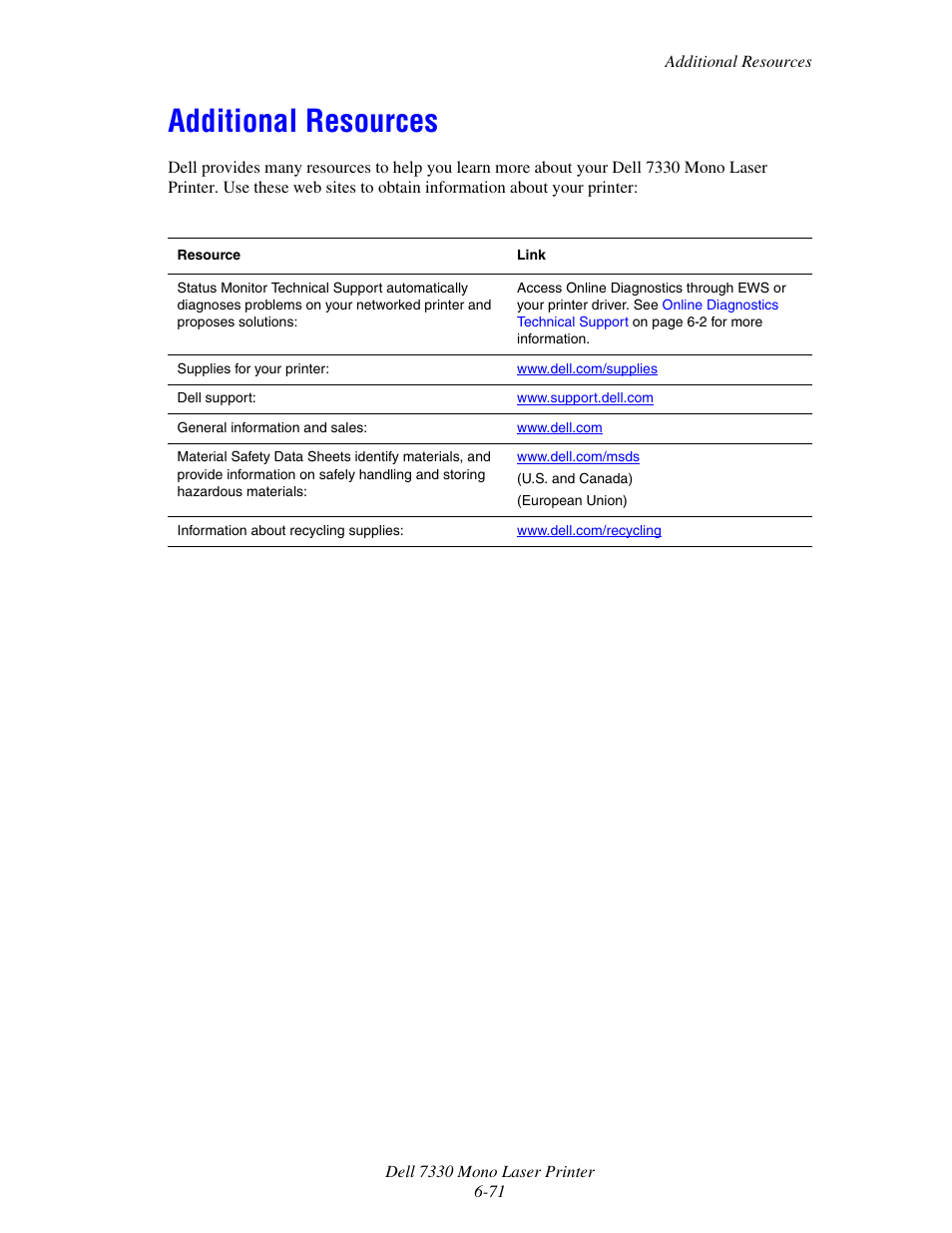 Additional resources, Additional resources -71 | Dell 7330dn Mono Laser Printer User Manual | Page 213 / 229