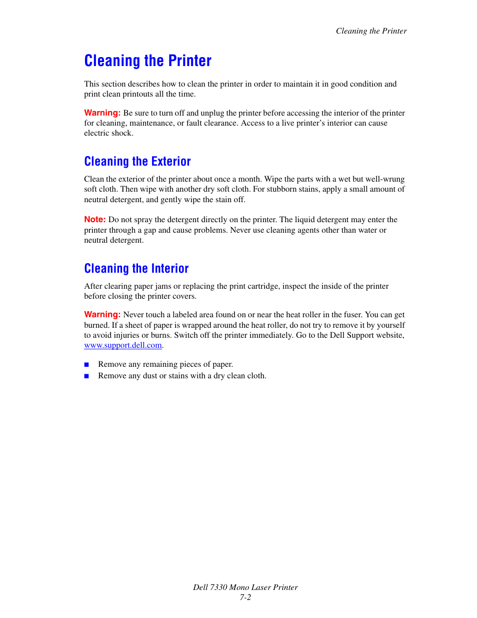 Cleaning the printer, Cleaning the exterior, Cleaning the interior | Cleaning the printer -2, Cleaning the exterior -2 cleaning the interior -2 | Dell 7330dn Mono Laser Printer User Manual | Page 215 / 229