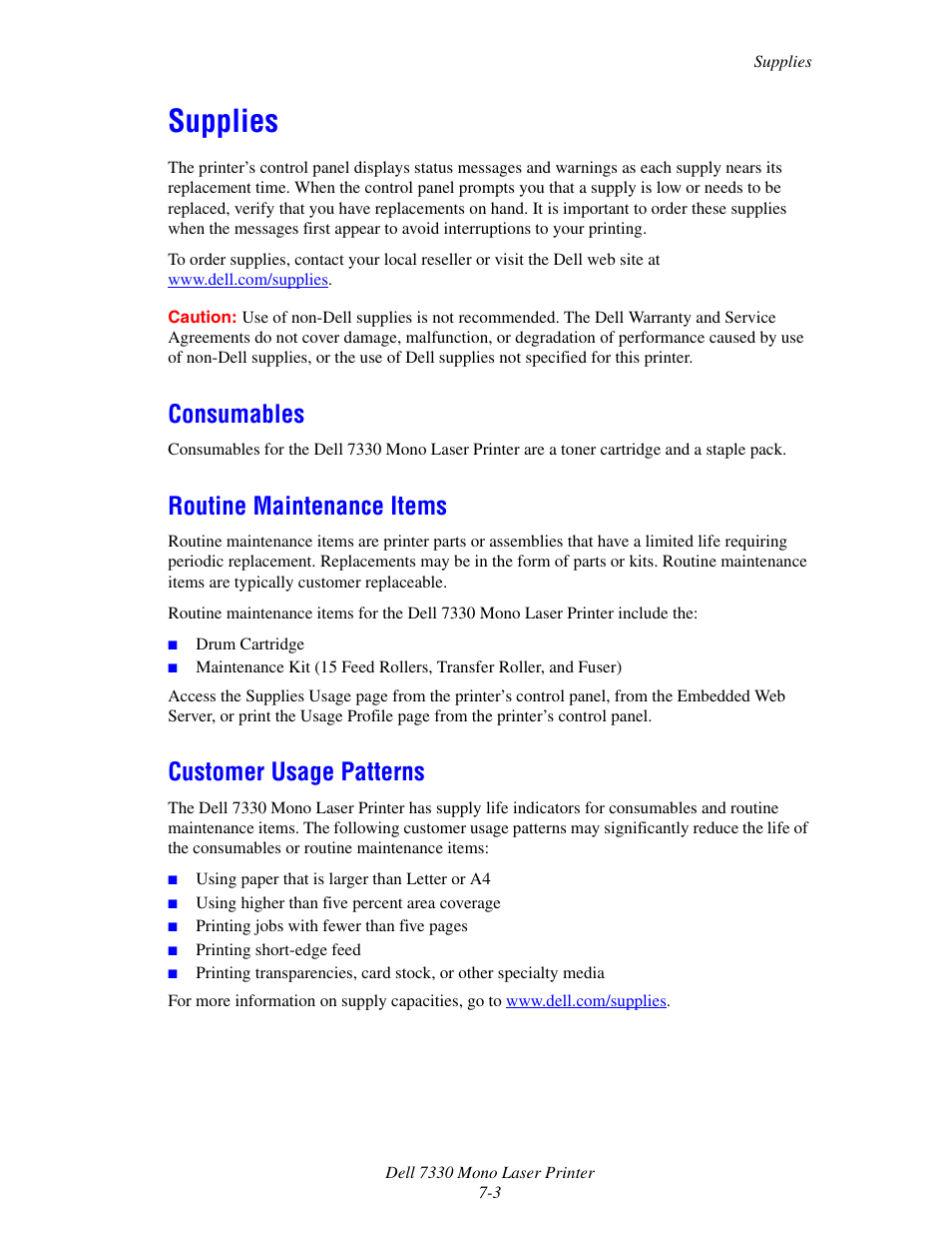 Supplies, Consumables, Routine maintenance items | Customer usage patterns, Supplies -3 | Dell 7330dn Mono Laser Printer User Manual | Page 216 / 229