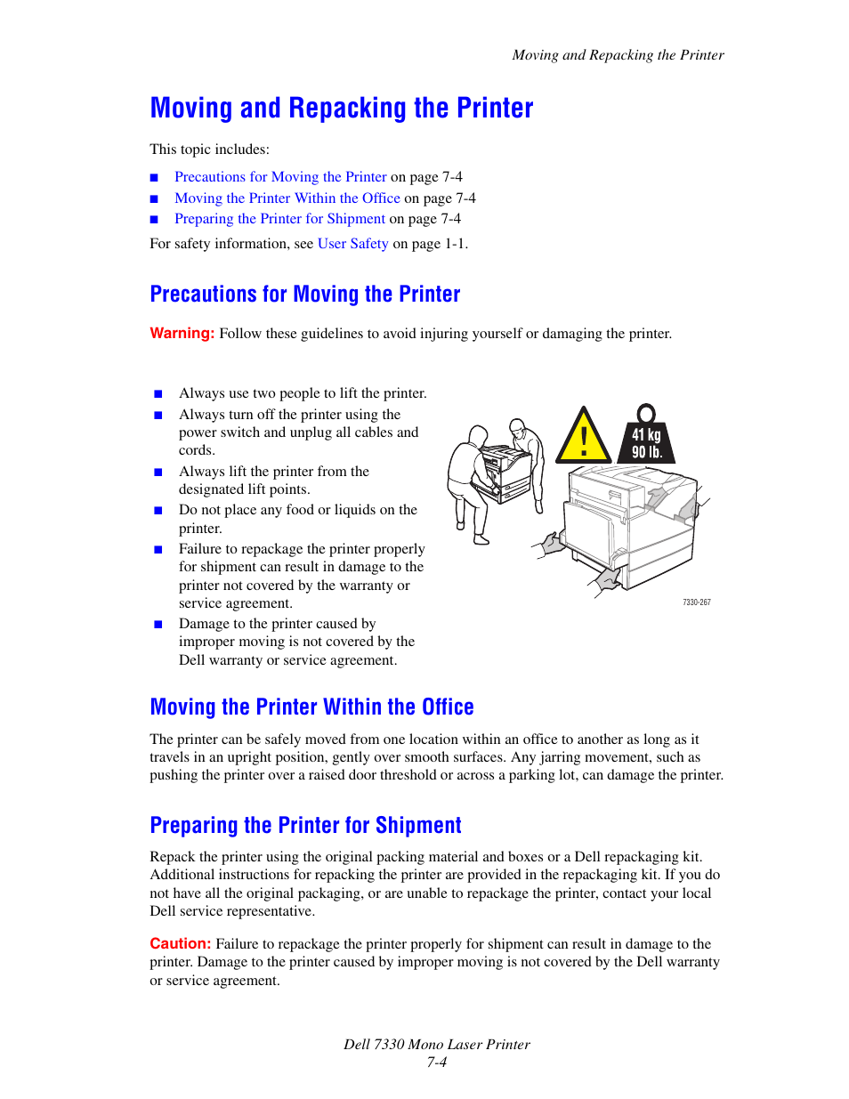 Moving and repacking the printer, Precautions for moving the printer, Moving the printer within the office | Preparing the printer for shipment, Moving and repacking the printer -4 | Dell 7330dn Mono Laser Printer User Manual | Page 217 / 229