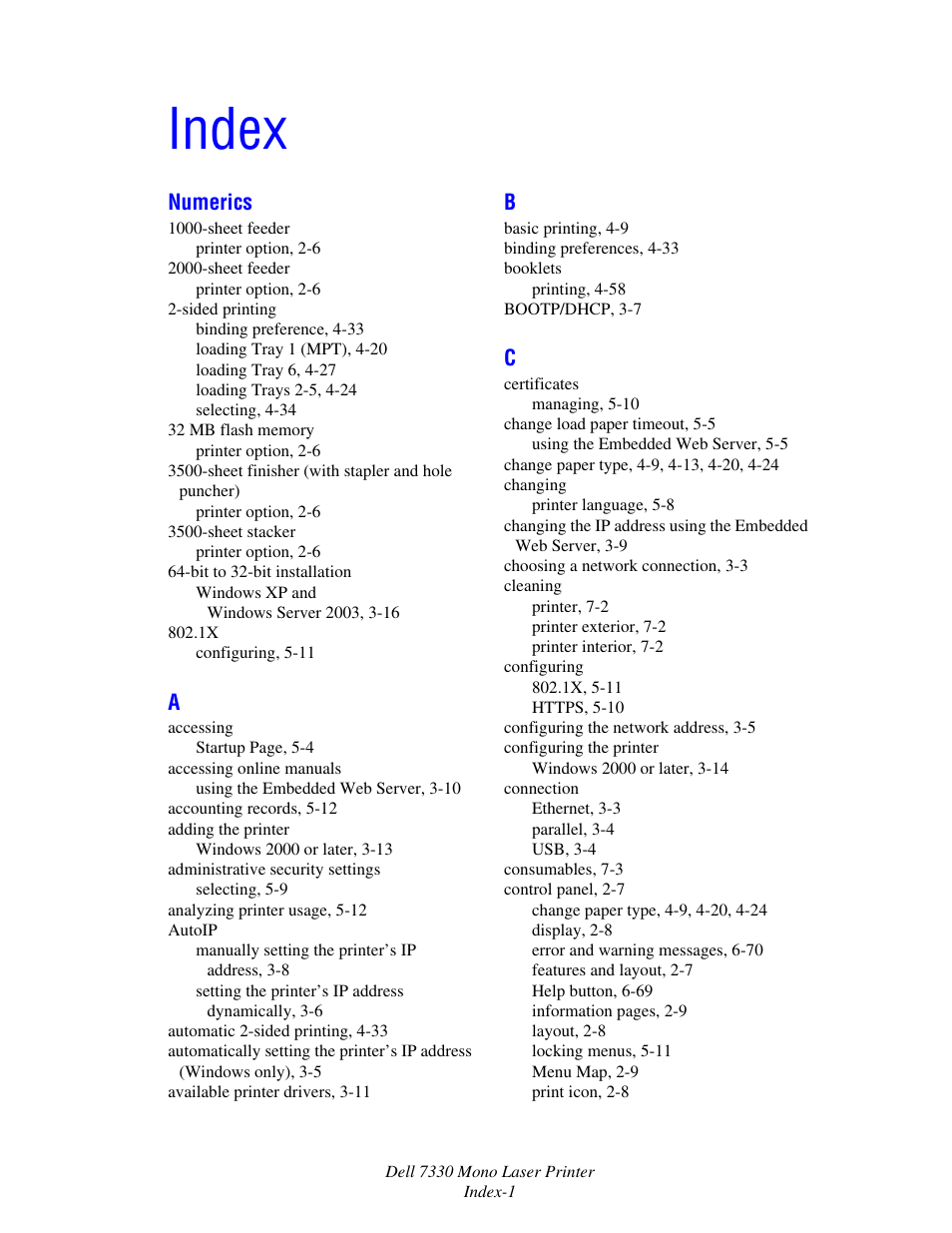 Index | Dell 7330dn Mono Laser Printer User Manual | Page 221 / 229