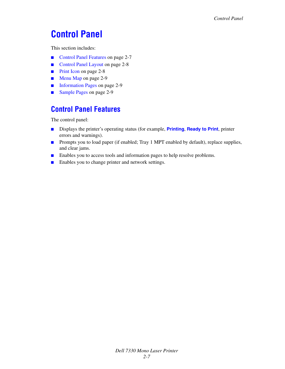 Control panel, Control panel features, Control panel -7 | Control panel features -7 | Dell 7330dn Mono Laser Printer User Manual | Page 24 / 229