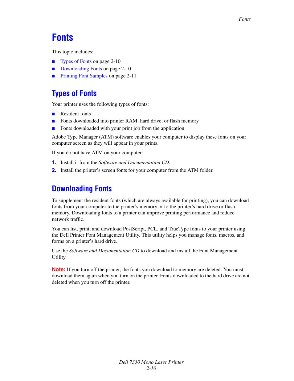 Fonts, Types of fonts, Downloading fonts | Fonts -10, Types of fonts -10 downloading fonts -10 | Dell 7330dn Mono Laser Printer User Manual | Page 27 / 229