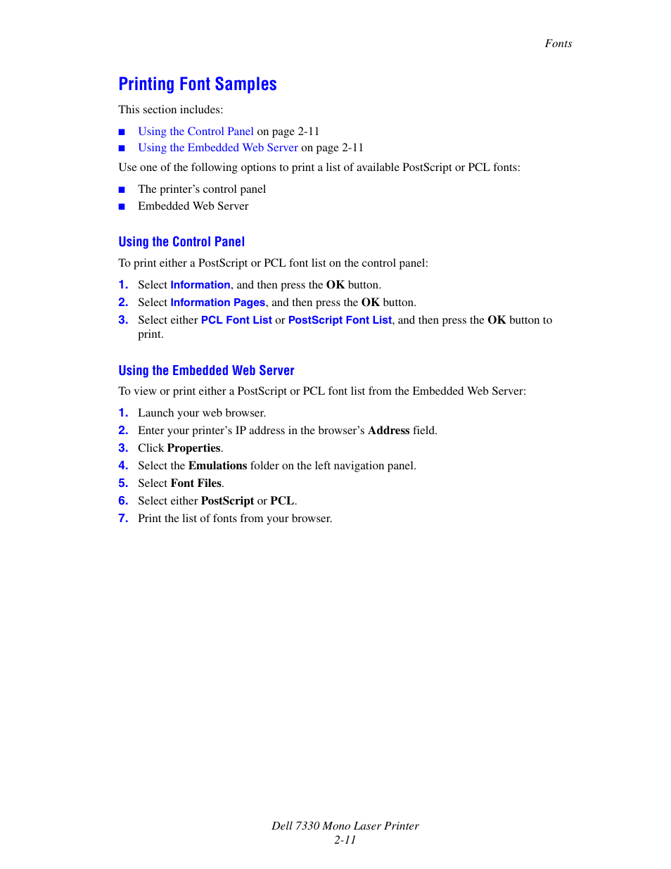 Printing font samples, Printing font samples -11 | Dell 7330dn Mono Laser Printer User Manual | Page 28 / 229