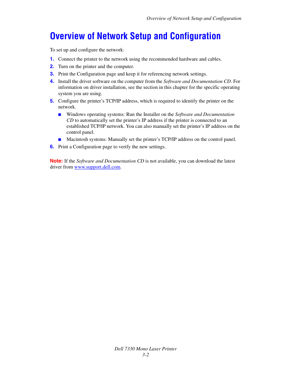 Overview of network setup and configuration, Overview of network setup and configuration -2 | Dell 7330dn Mono Laser Printer User Manual | Page 31 / 229