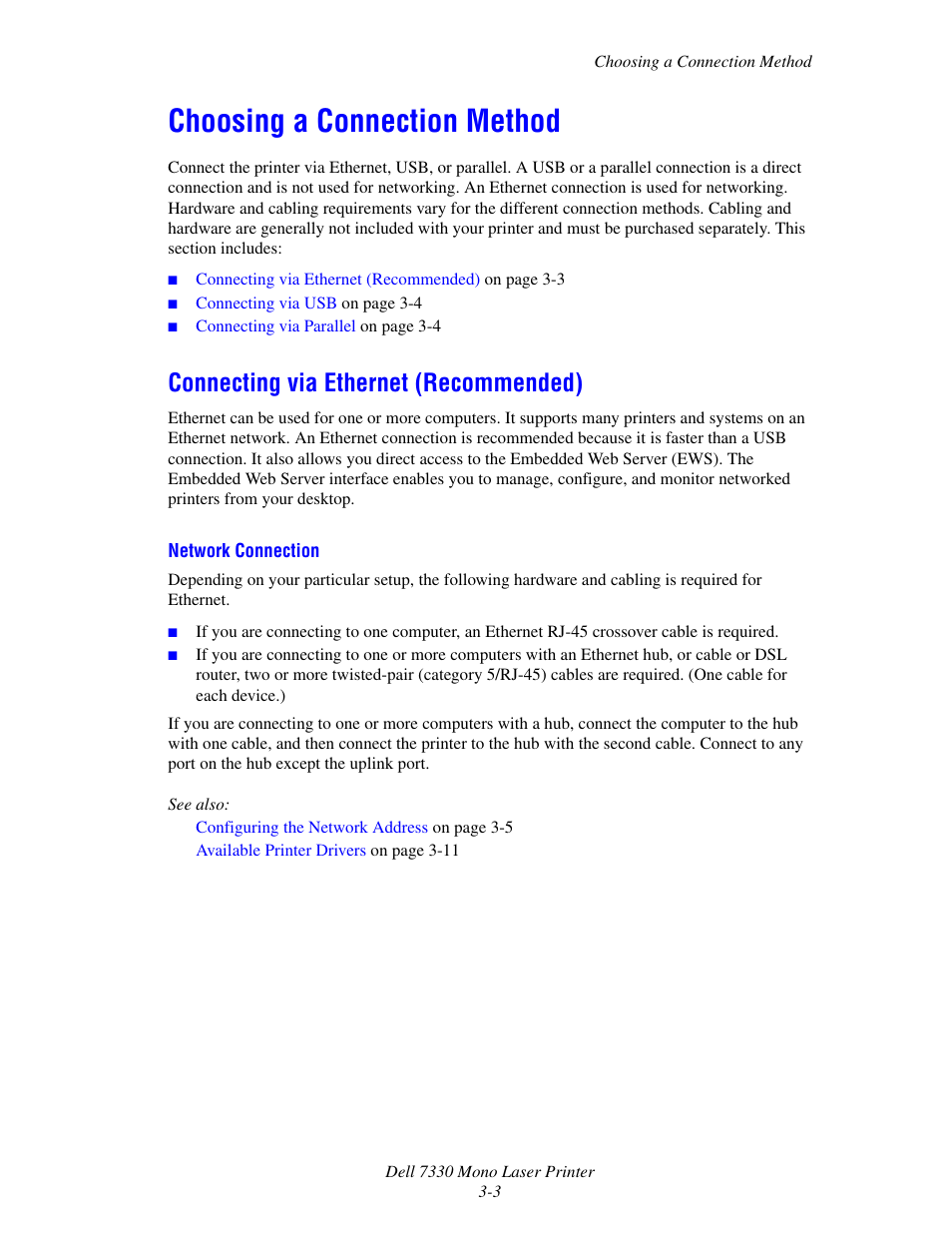 Choosing a connection method, Connecting via ethernet (recommended), Choosing a connection method -3 | Connecting via ethernet (recommended) -3 | Dell 7330dn Mono Laser Printer User Manual | Page 32 / 229