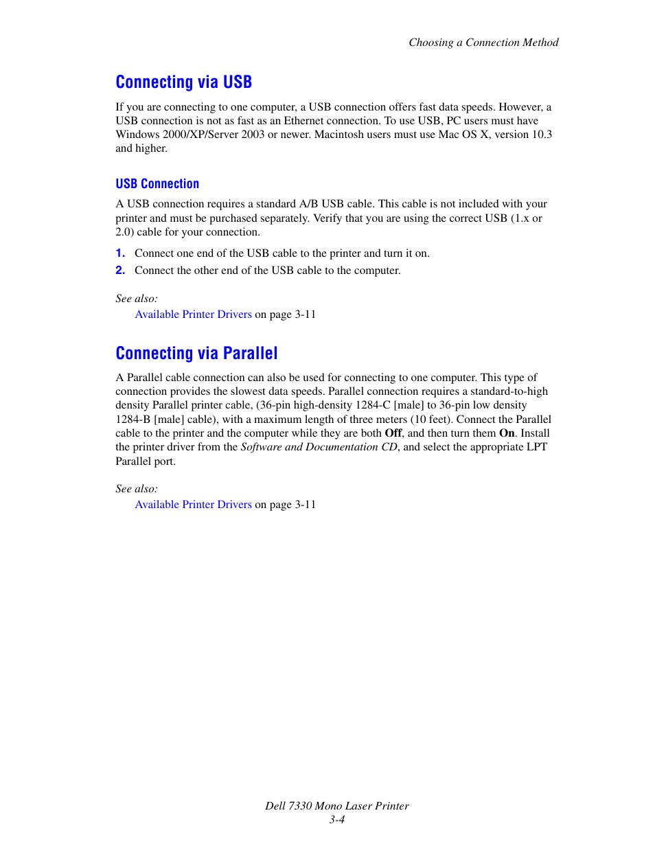 Connecting via usb, Connecting via parallel, Connecting via usb -4 connecting via parallel -4 | Dell 7330dn Mono Laser Printer User Manual | Page 33 / 229