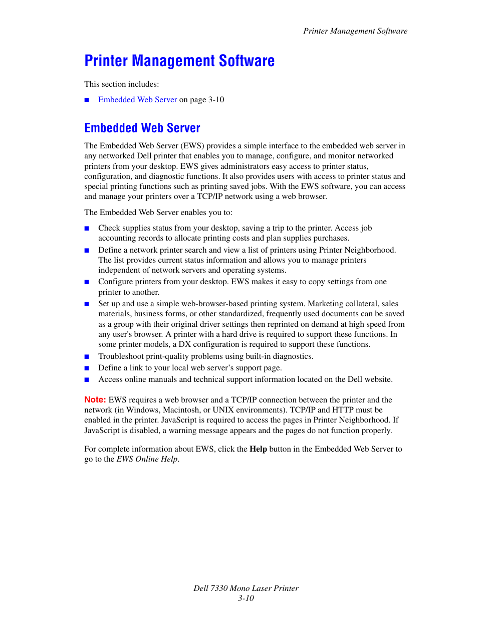 Printer management software, Embedded web server, Printer management software -10 | Embedded web server -10 | Dell 7330dn Mono Laser Printer User Manual | Page 39 / 229