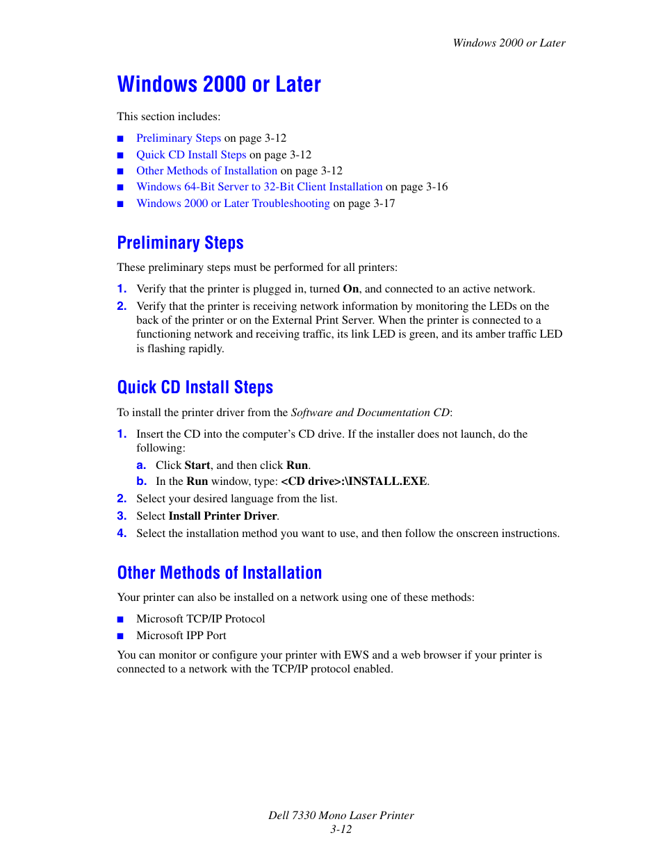 Windows 2000 or later, Preliminary steps, Quick cd install steps | Other methods of installation, Windows 2000 or later -12 | Dell 7330dn Mono Laser Printer User Manual | Page 41 / 229