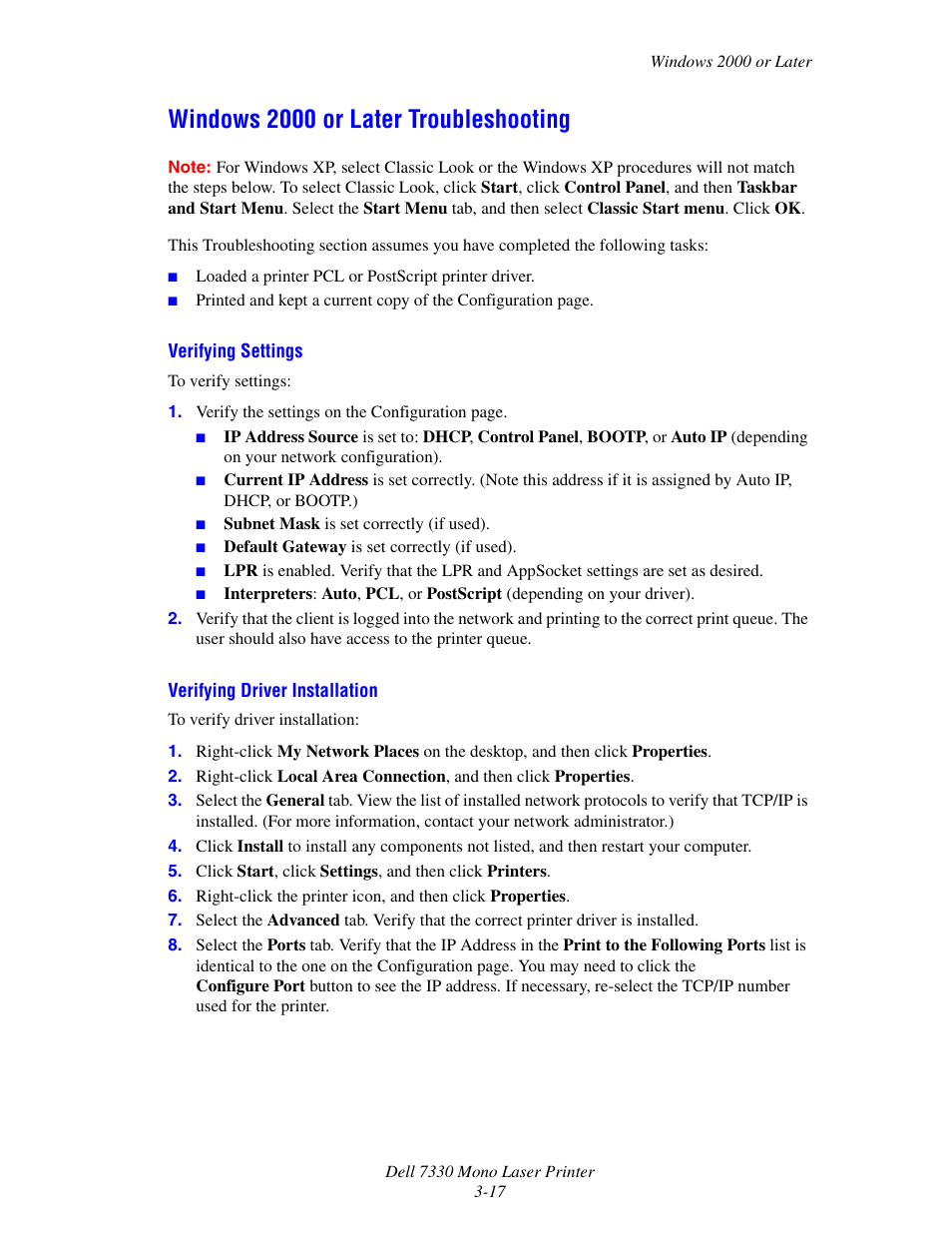 Windows 2000 or later troubleshooting, Windows 2000 or later troubleshooting -17 | Dell 7330dn Mono Laser Printer User Manual | Page 46 / 229