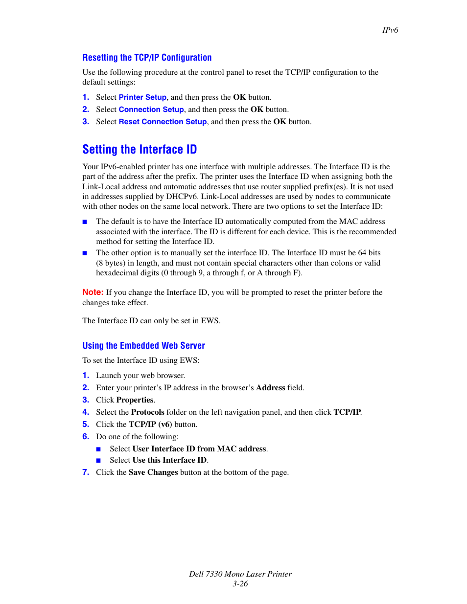 Setting the interface id, Setting the interface id -26, Resetting the tcp/ip configuration | Dell 7330dn Mono Laser Printer User Manual | Page 55 / 229