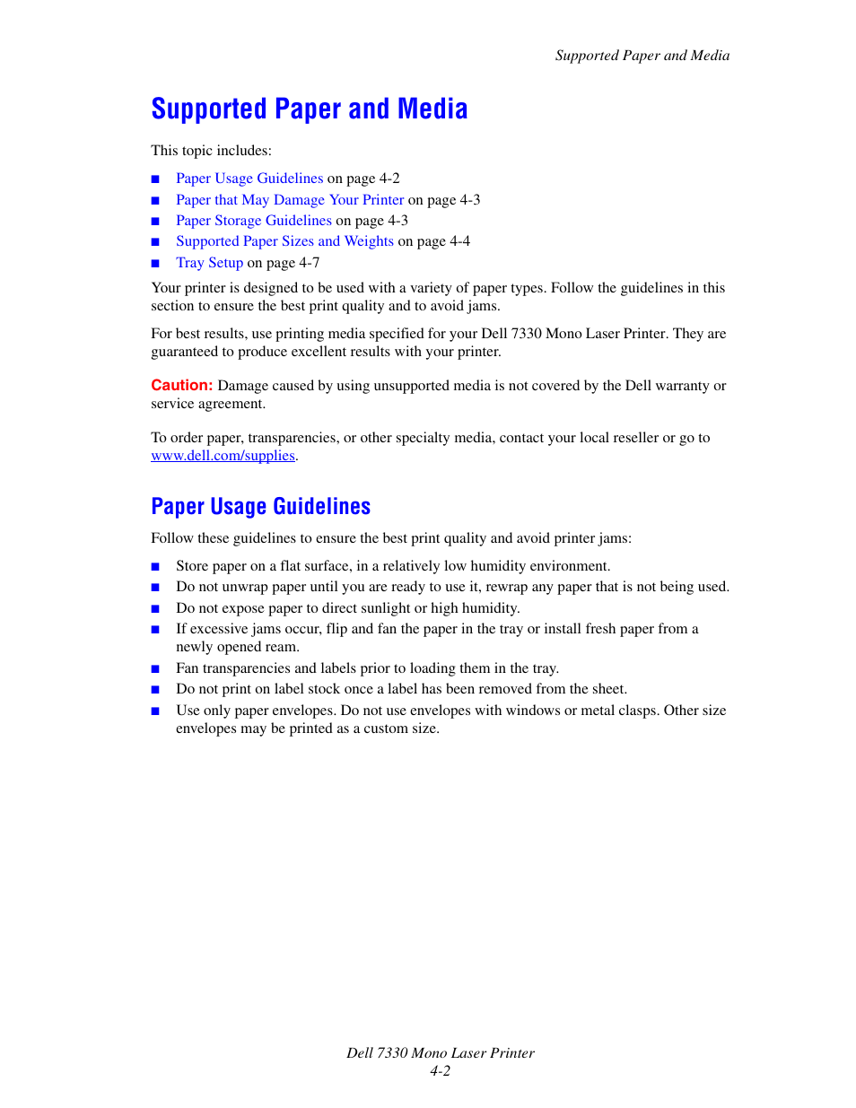 Supported paper and media, Paper usage guidelines, Supported paper and media -2 | Paper usage guidelines -2 | Dell 7330dn Mono Laser Printer User Manual | Page 61 / 229