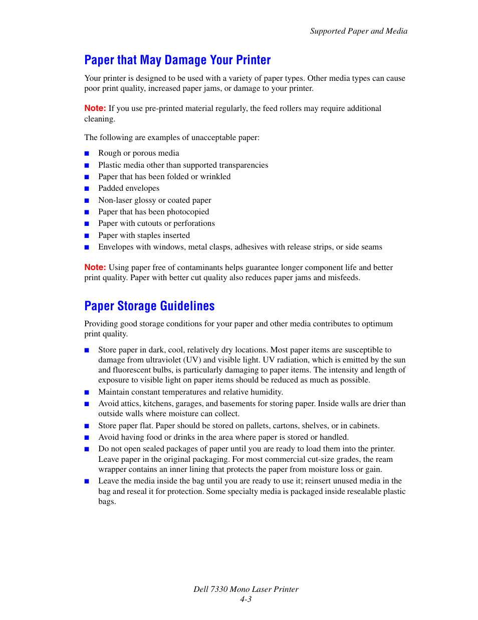 Paper that may damage your printer, Paper storage guidelines | Dell 7330dn Mono Laser Printer User Manual | Page 62 / 229