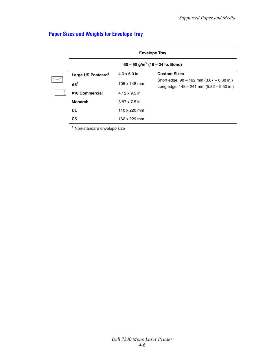 Paper sizes and weights for envelope tray | Dell 7330dn Mono Laser Printer User Manual | Page 65 / 229