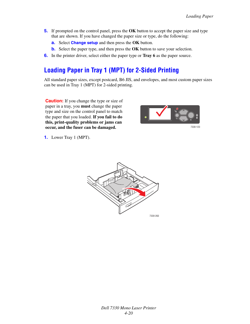 Loading paper in tray 1 (mpt) for 2-sided printing | Dell 7330dn Mono Laser Printer User Manual | Page 79 / 229