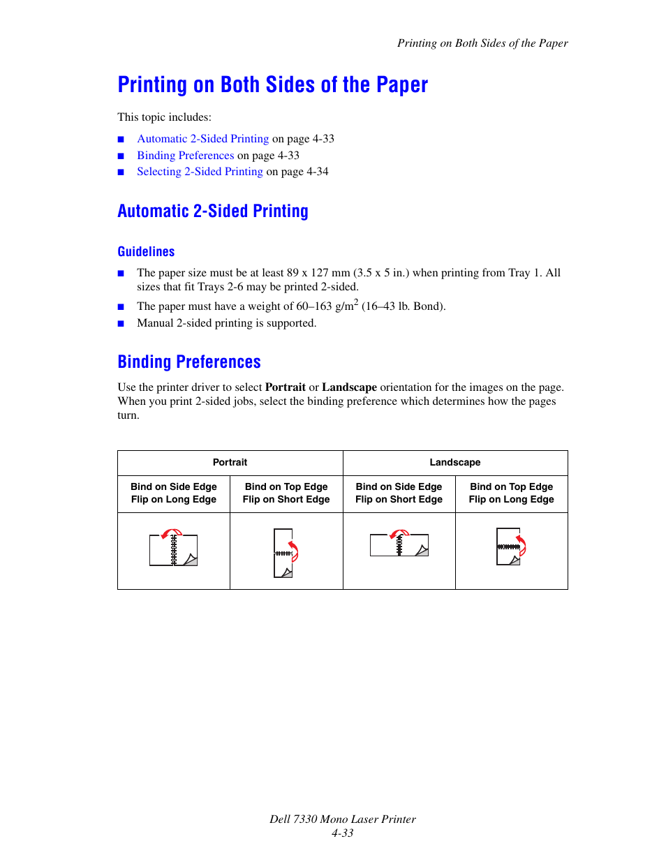 Printing on both sides of the paper, Automatic 2-sided printing, Binding preferences | Printing on both sides of the paper -33 | Dell 7330dn Mono Laser Printer User Manual | Page 92 / 229