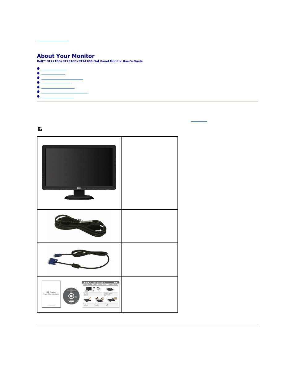 About your monitor, Package contents, Product features | Dell ST2410B Monitor User Manual | Page 2 / 33