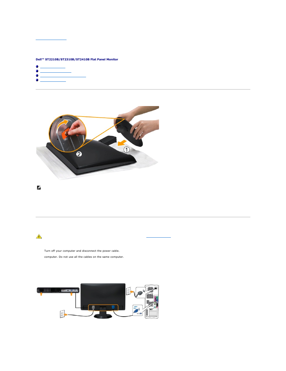 Setting up the monitor, Attaching the base, Connecting the monitor | Connecting the blue vga cable, Connecting the white dvi cable | Dell ST2410B Monitor User Manual | Page 27 / 33