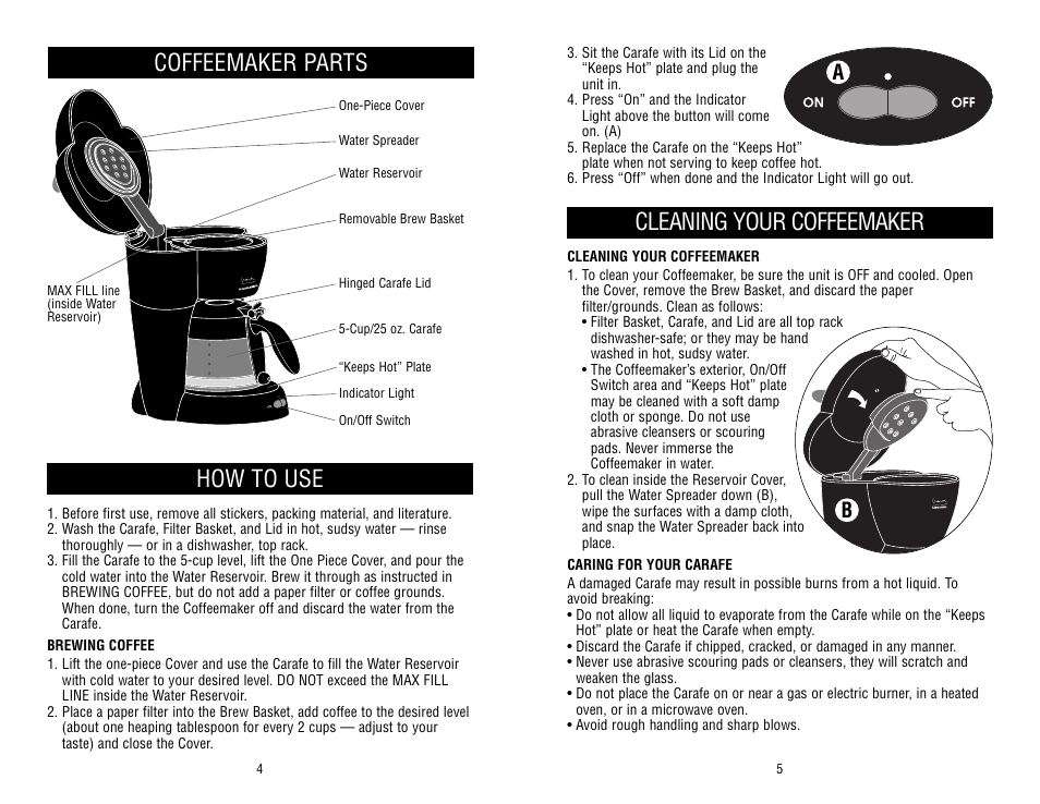 How to use, Coffeemaker parts, Cleaning your coffeemaker | Black & Decker MGD320 User Manual | Page 3 / 4