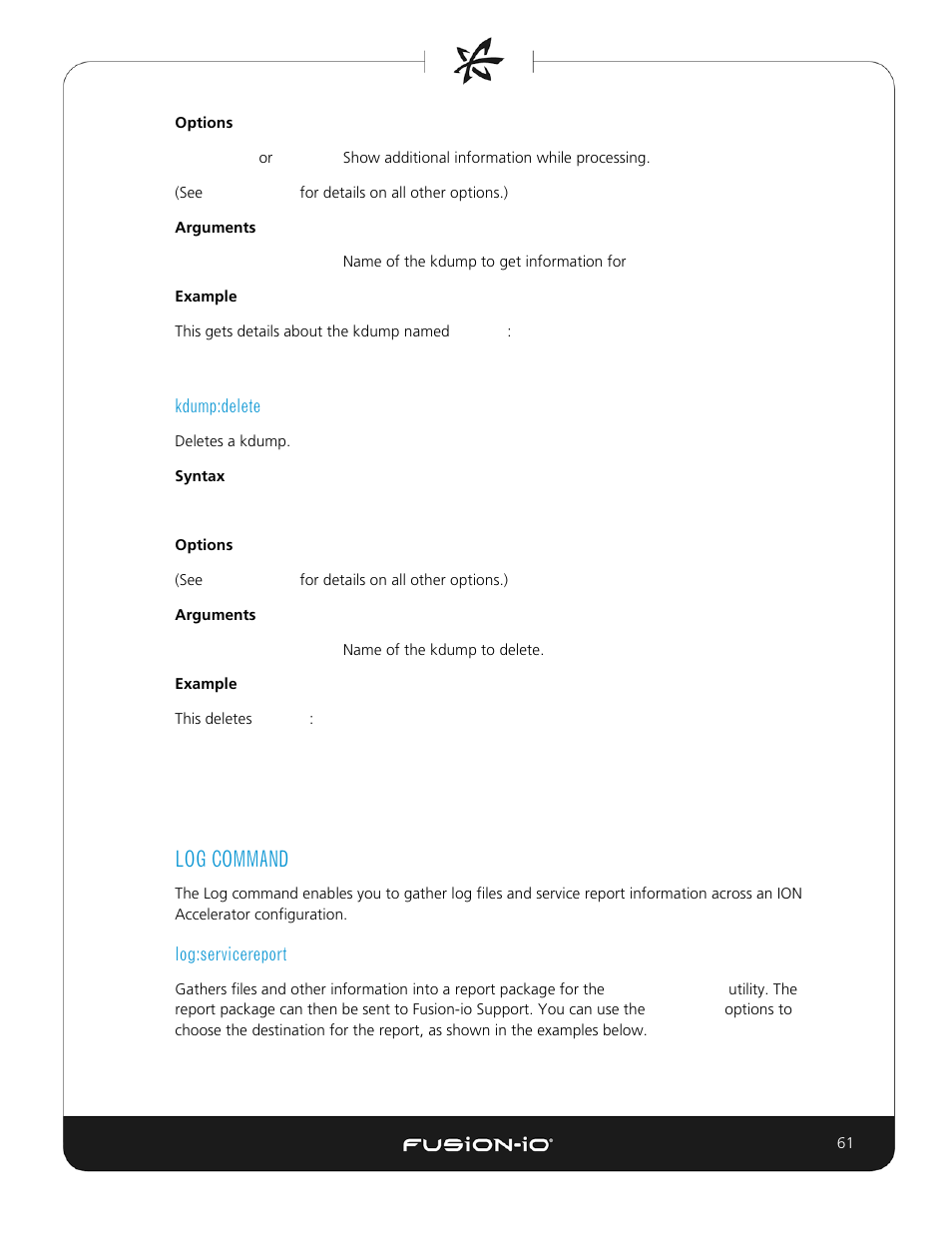 Kdump:delete, Log command, Log:servicereport | Dell Acceleration Appliances for Databases User Manual | Page 61 / 156