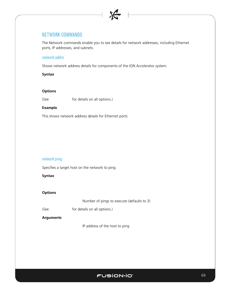 Network commands, Network:addrs, Network:ping | Dell Acceleration Appliances for Databases User Manual | Page 69 / 156