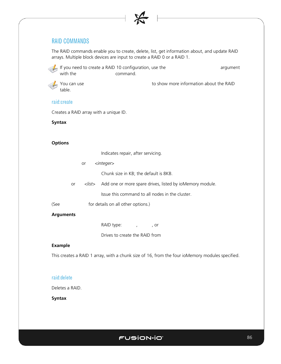 Raid commands, Raid:create, Raid:delete | Dell Acceleration Appliances for Databases User Manual | Page 86 / 156