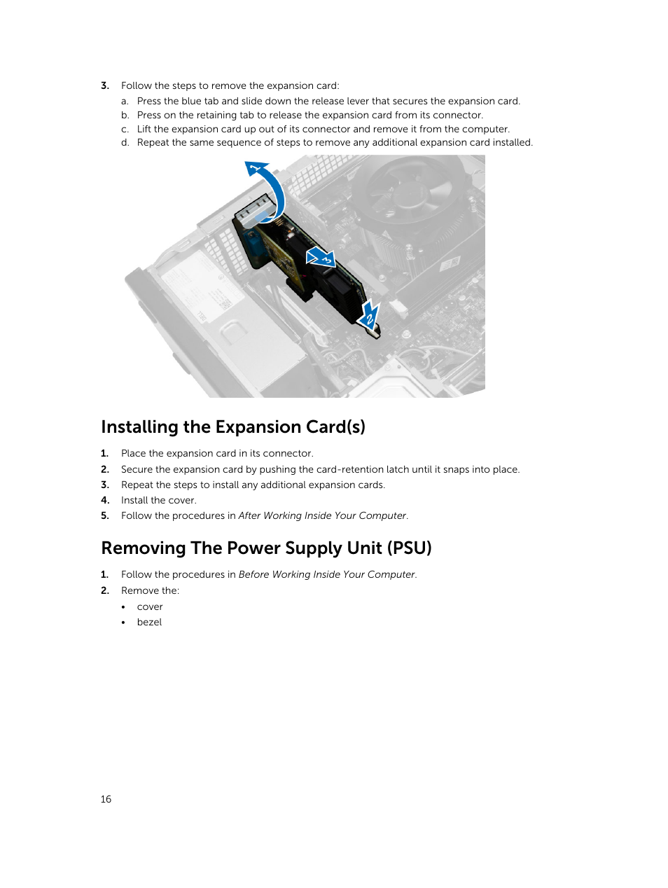 Installing the expansion card(s), Removing the power supply unit (psu) | Dell Vostro 3900 Mini Tower (Late 2013) User Manual | Page 16 / 38