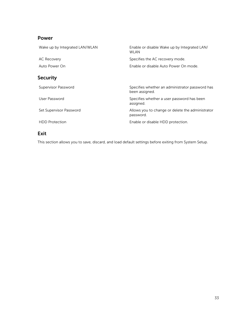 Power, Security, Exit | Dell Vostro 3900 Mini Tower (Late 2013) User Manual | Page 33 / 38