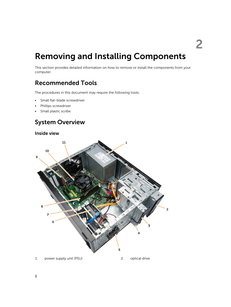 Removing and installing components, Recommended tools, System overview | Inside view, 2 removing and installing components | Dell Vostro 3900 Mini Tower (Late 2013) User Manual | Page 8 / 38