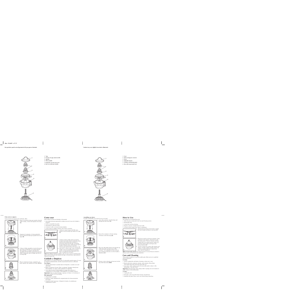 How to use, Care and cleaning, Como usar | Cuidado y limpieza | Black & Decker CJ600 User Manual | Page 2 / 2