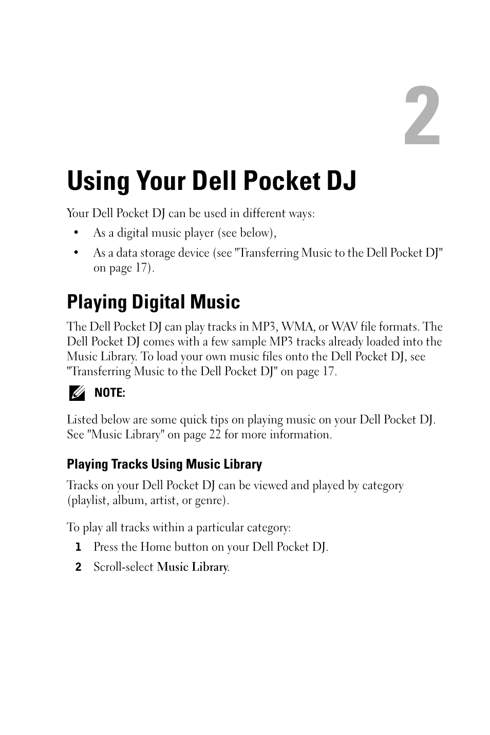 Using your dell pocket dj, Playing digital music, Playing tracks using music library | Dell Pocket DJ User Manual | Page 14 / 51