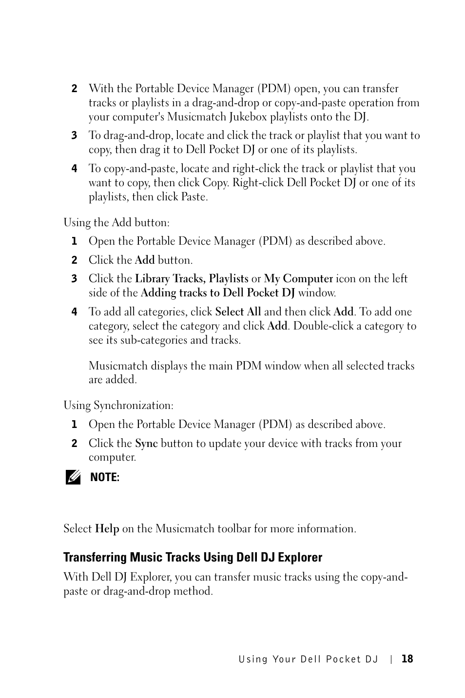 Transferring music tracks using dell dj explorer | Dell Pocket DJ User Manual | Page 18 / 51