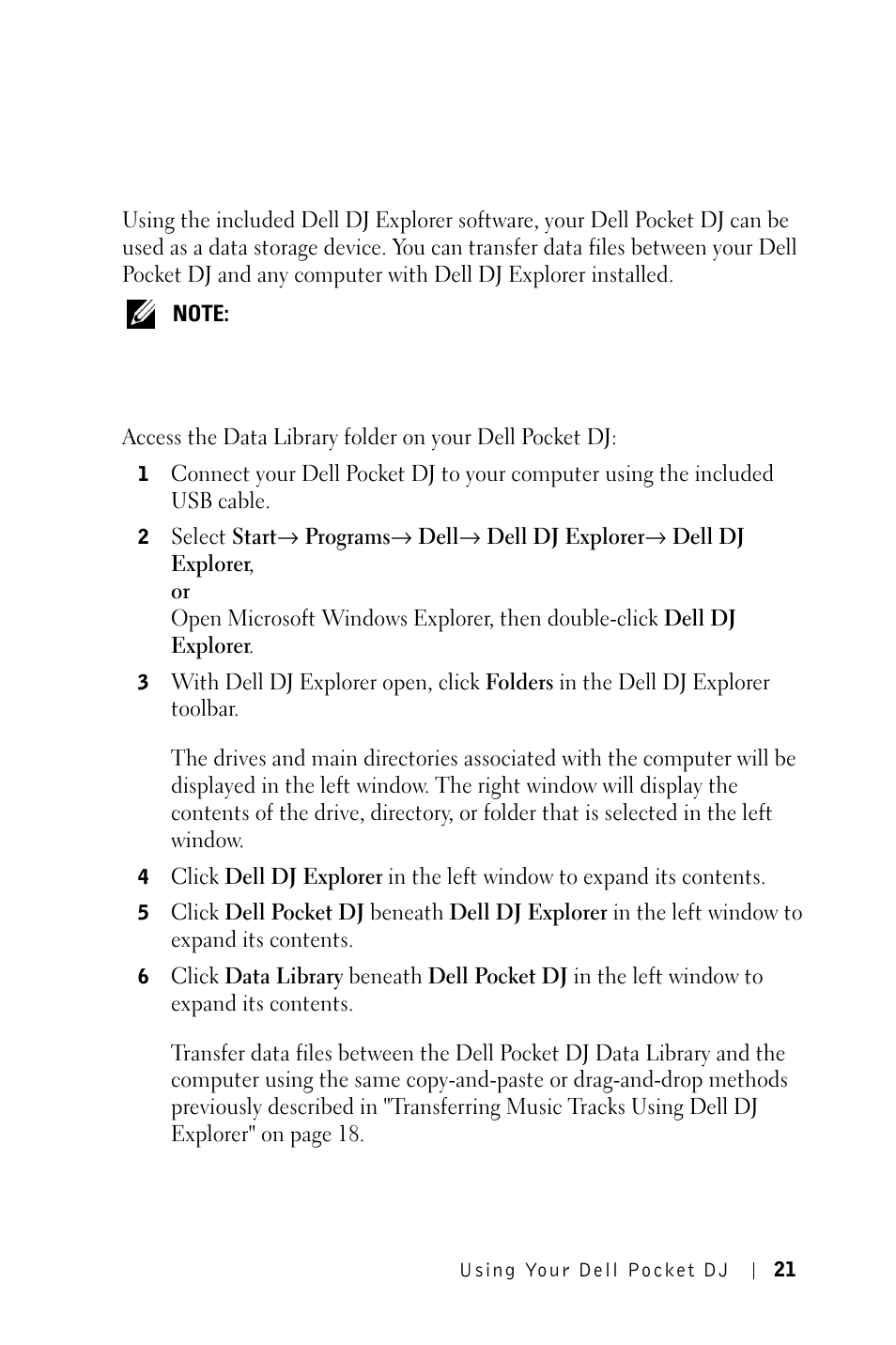 Storing data files on the dell pocket dj | Dell Pocket DJ User Manual | Page 21 / 51