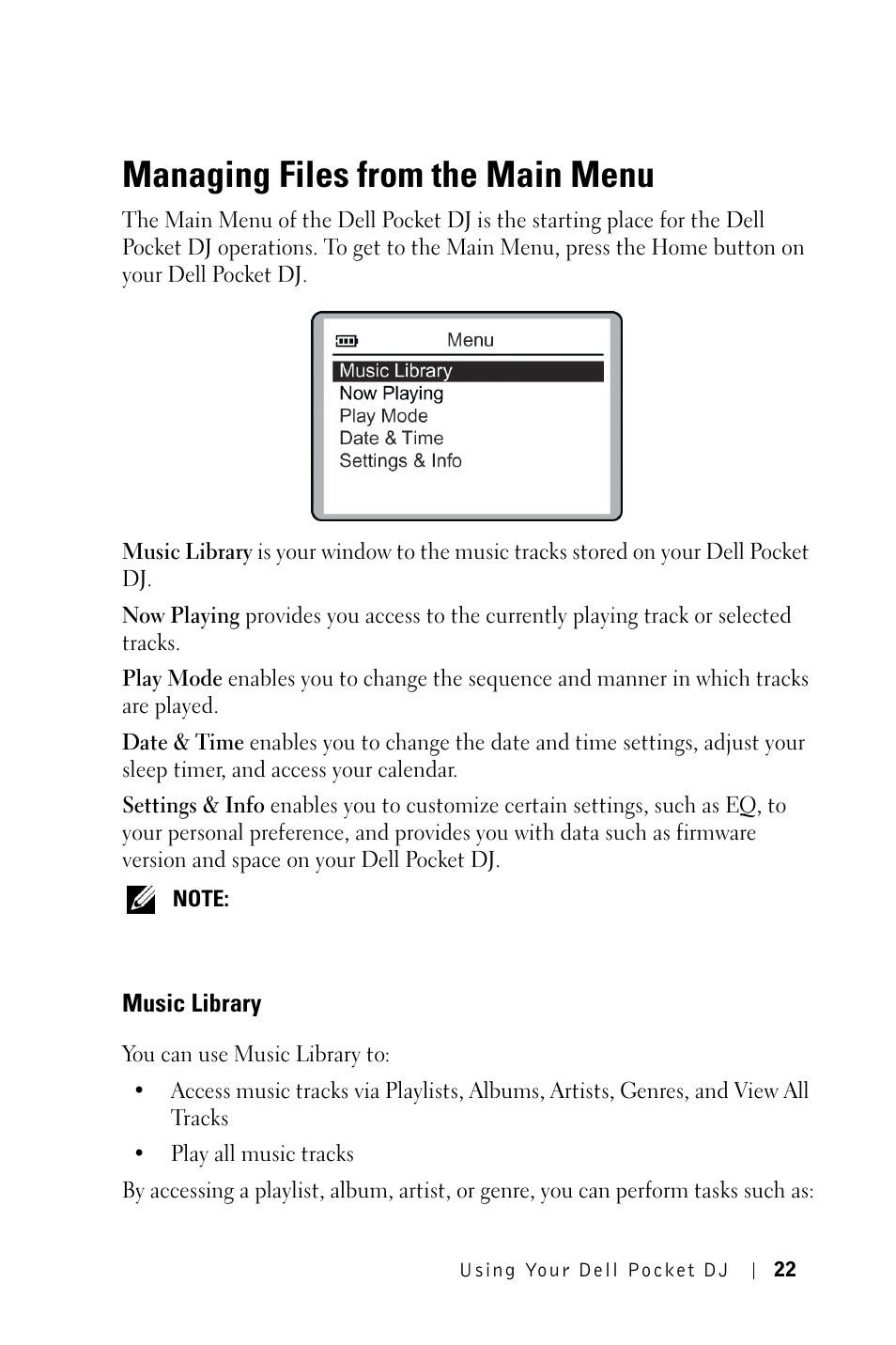 Managing files from the main menu, Music library | Dell Pocket DJ User Manual | Page 22 / 51