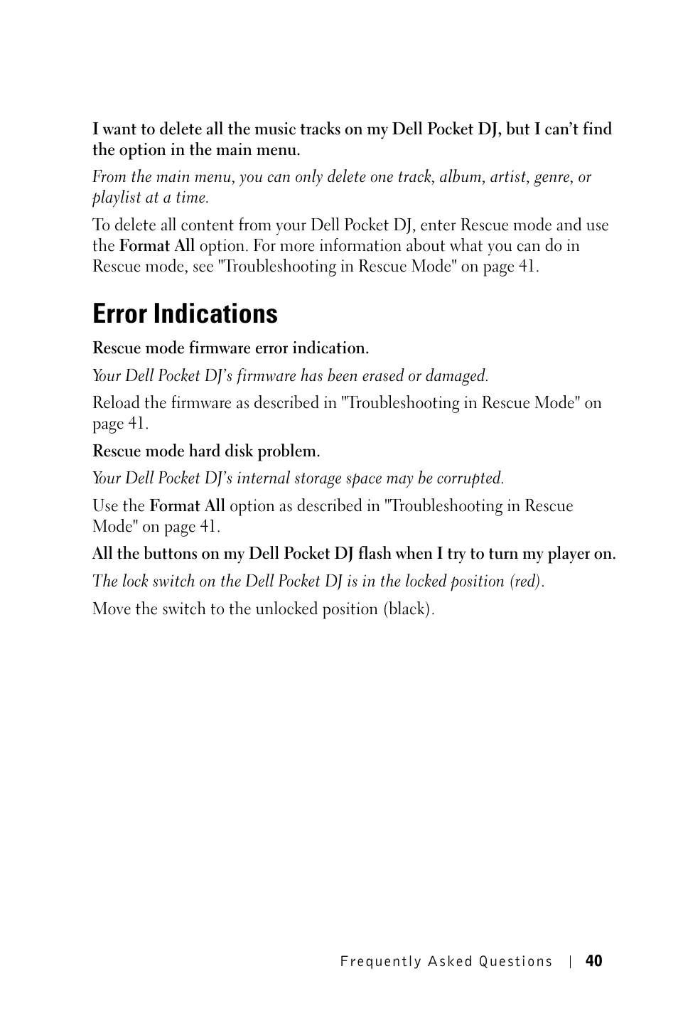 Error indications | Dell Pocket DJ User Manual | Page 40 / 51