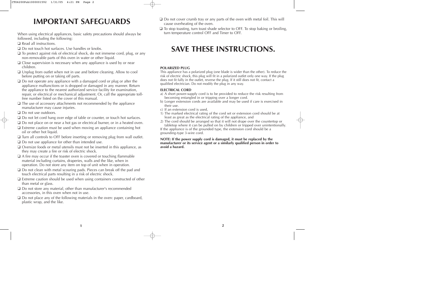 Important safeguards save these instructions | Black & Decker CTO6200 Series User Manual | Page 2 / 13