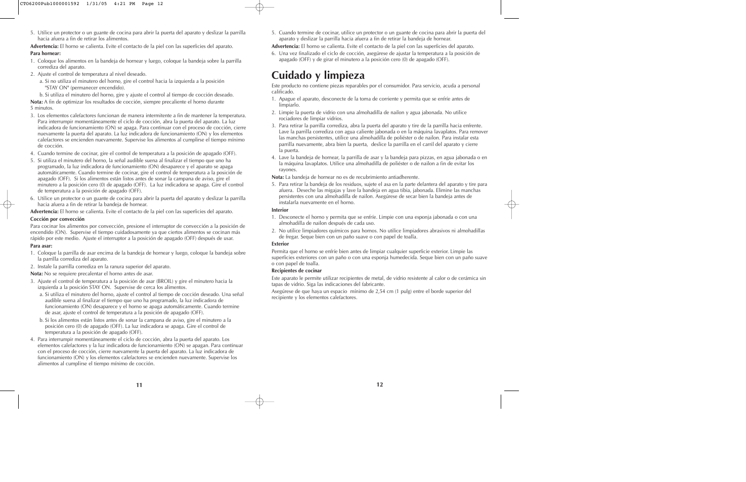 Cuidado y limpieza | Black & Decker CTO6200 Series User Manual | Page 7 / 13