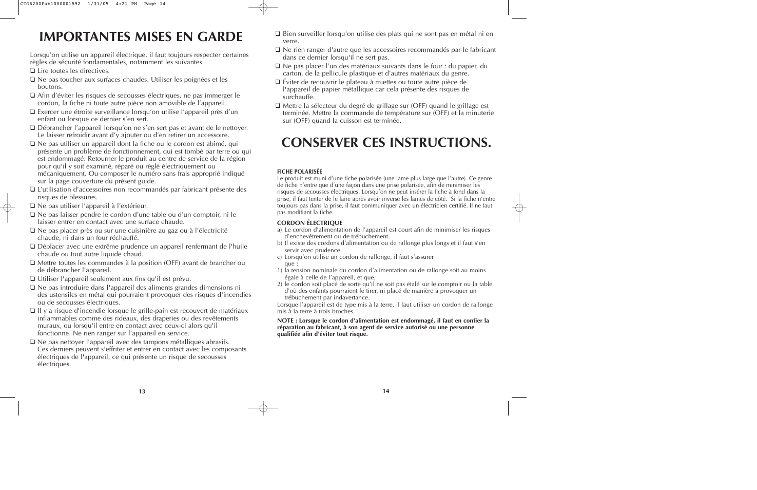 Importantes mises en garde, Conserver ces instructions | Black & Decker CTO6200 Series User Manual | Page 8 / 13