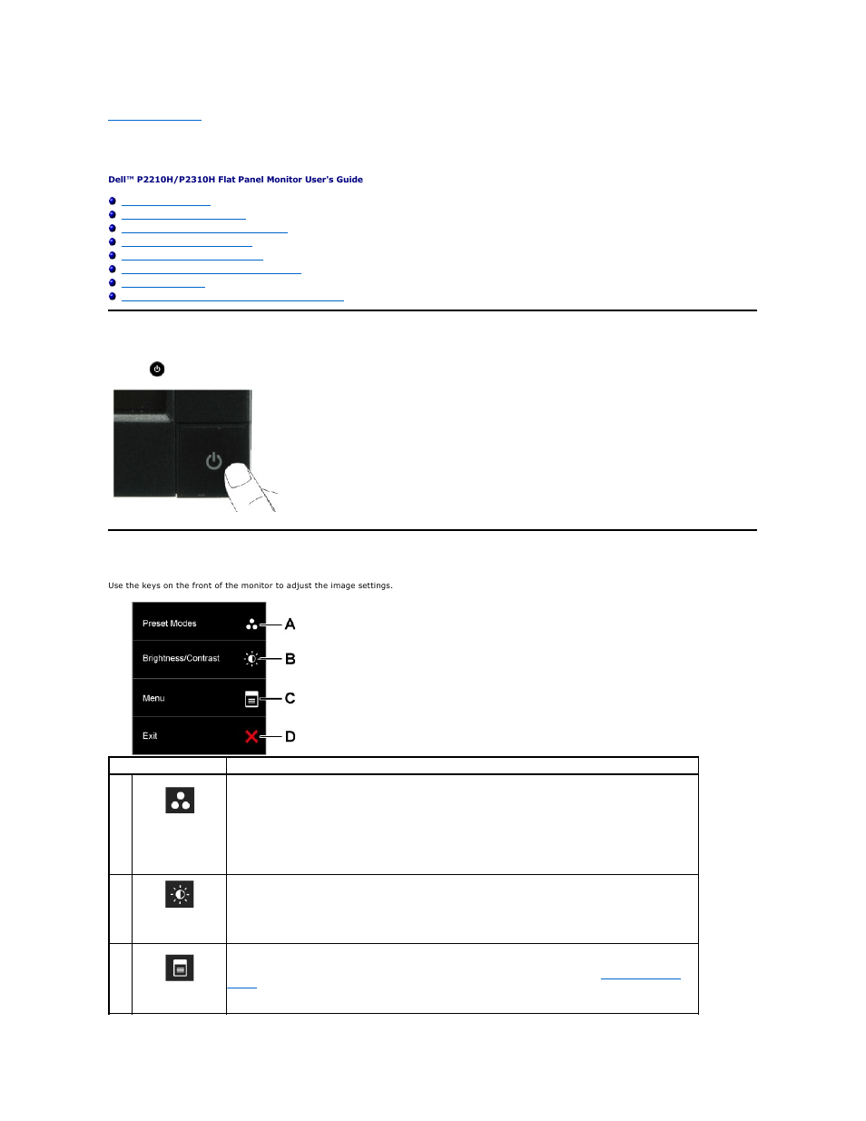 Operating the monitor, Power on the monitor, Using the front panel | Dell P2210H Monitor User Manual | Page 16 / 38