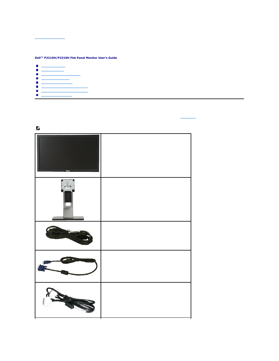 About your monitor, Package contents | Dell P2210H Monitor User Manual | Page 2 / 38
