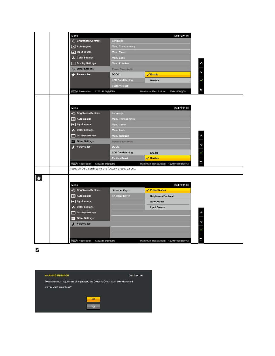 Osd warning messages | Dell P2210H Monitor User Manual | Page 23 / 38