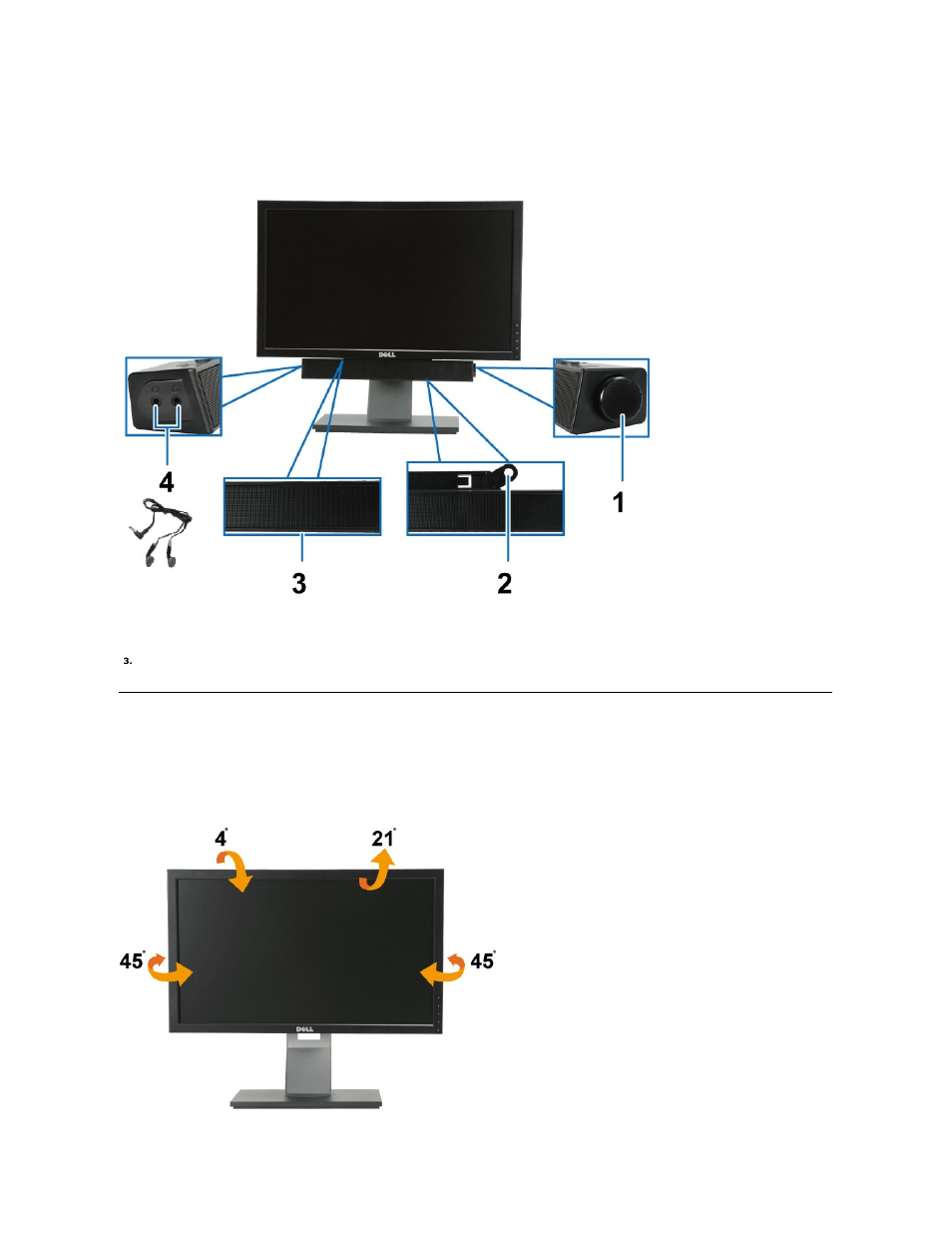 Using the dell soundbar (optional), Using the tilt, swivel, and vertical extension, Tilt, swivel | Dell P2210H Monitor User Manual | Page 25 / 38